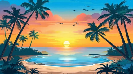 Fototapeta premium Breathtaking tropical sunset over ocean with colorful beach, palm leaves, and reflections