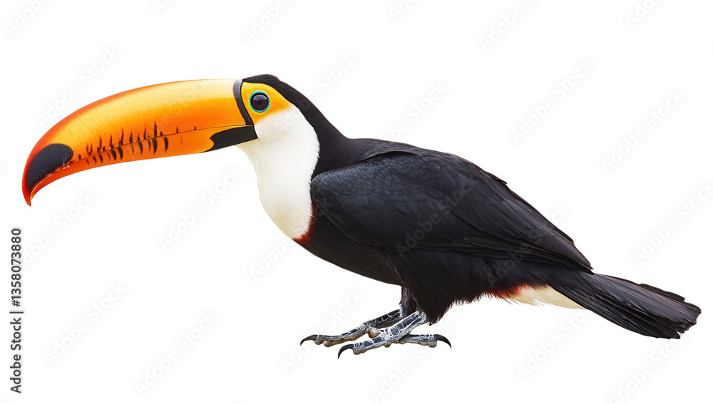 Poster a vibrant toucan with a large colorful beak stands against a white background showcasing its distinc