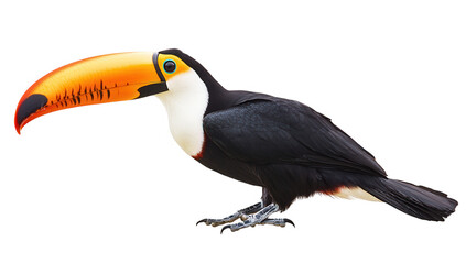 Naklejka premium a vibrant toucan with a large colorful beak stands against a white background showcasing its distinctive features and striking plumage