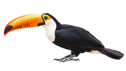 a vibrant toucan with a large colorful beak stands against a white background showcasing its distinctive features and striking plumage