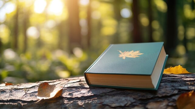 Green book with leaf emblem lies on log in forest sunlight filtering through trees