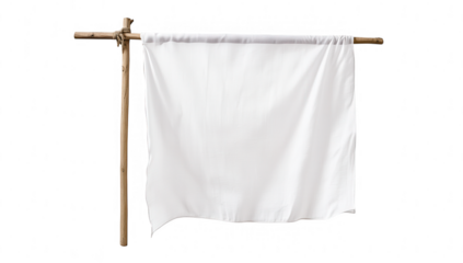 a simple white cloth hanging from a bamboo pole symbolizing peace or surrender the fabric is unadorned emphasizing purity and tranquility