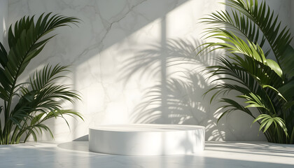 Fototapeta premium blank minimal white counter podium, soft beautiful dappled sunlight, tropical palm foliage leaf shadow on wall for luxury hygiene organic cosmetic, skincare, beauty treatment product background 3d 