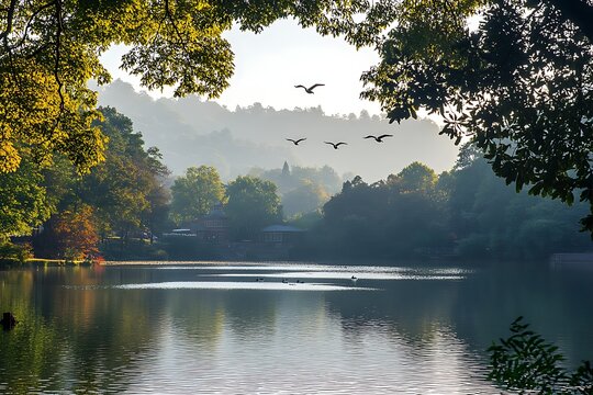 Tranquil lake, birds fly, autumn park, soft light