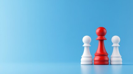 Three Chess Pawns in White and Red on a Bright Blue Background for Strategy and Competitive Themes