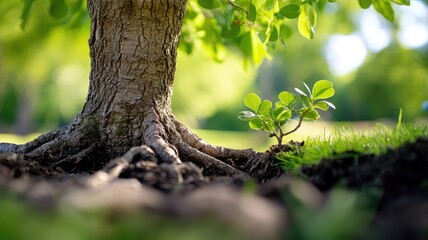 Obraz premium Close-up of tree trunk with vibrant green leaves and small plant growing beside it