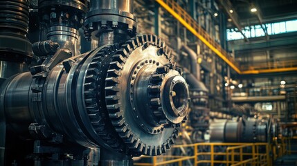Industrial Gear System Close Up In Factory Setting