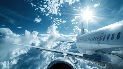 Fototapeta premium Airplane with sunlight an edge of blue sky with clouds background. AI generated image