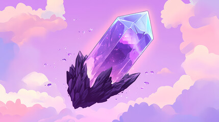 Obraz premium Purple amethyst crystal, floating, white background, gemstone, spiritual. Eclipsed Gem. Illustration