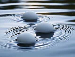 Three orbs float on rippled water