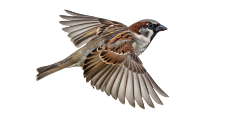 Small brown and grey bird with intricate wing patterns takes flight against a transparent background, showcasing its graceful movement and vibrant feathers