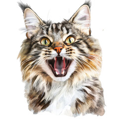 a maine coon cat with an expressive open mouth showcasing its striking fur and vivid eyes against a watercolor background