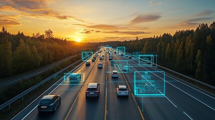 Sunset highway scene with digital overlays on vehicles, suggesting autonomous driving technology