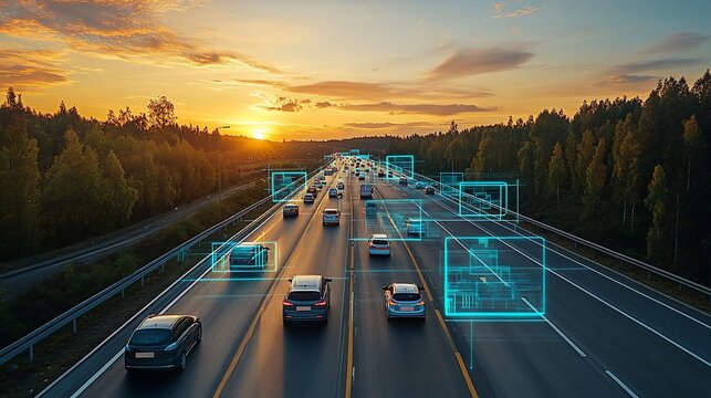 Sunset highway scene with digital overlays on vehicles, suggesting autonomous driving technology