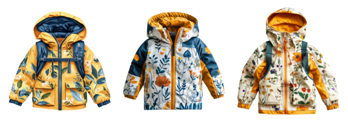 Colorful Children?s Jackets with Floral Designs on Transparent Background