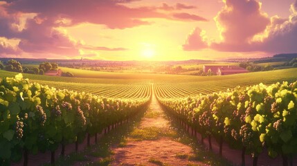 Fototapeta premium Vineyard Sunset Scenic Rural Landscape View
