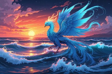 Radiant Phoenix Soaring Over Ocean Waves in Dreamy Sunset Seascape Artwork