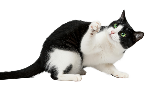 A black and white cat playfully raises its paw and tilts its head, appearing curious and attentive.  Isolated on transparent background. PNG
