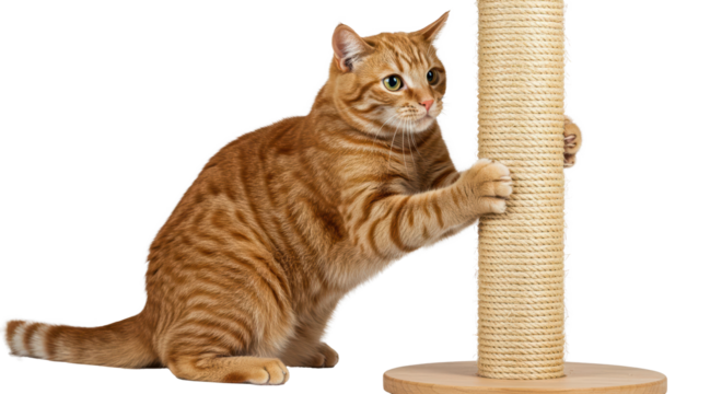 A playful orange tabby cat is engaged in scratching a sturdy wooden scratching post, showcasing its agility and playful nature.  Isolated on transparent background. PNG