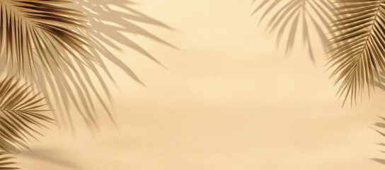 Obraz premium Palm tree leaf shadow on sand background, Natural shadow from tropical coconut palm leaves on beach sand. top view, copy space. Summer vacation concept. Mockup for product or travel background