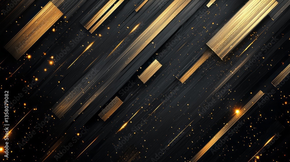 Poster abstract composition of golden elements against a dark background featuring dynamic lines and sparkl