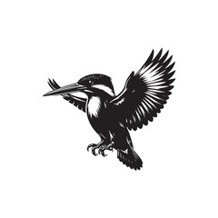 Black Color Kingfisher Silhouette Vector Illustration, Solid White Background