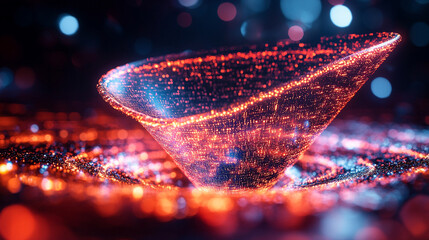 Large digital funnel in rainbow colors representing big data technology and information processing. Abstract concept of data collection, analysis, and transformation into insights