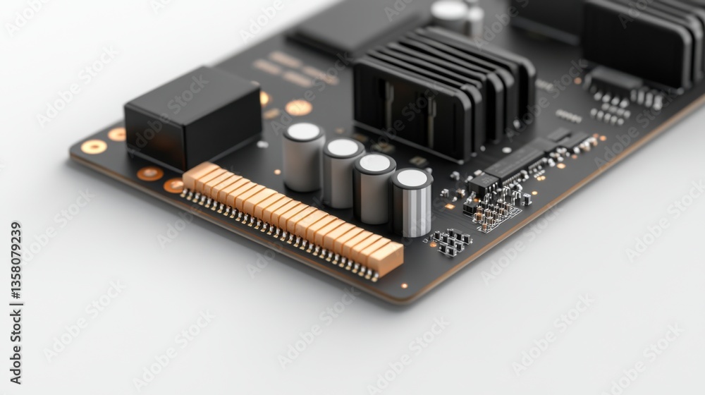 Poster close-up view of modern circuit board with electronic components and heat sinks on a clean backgroun