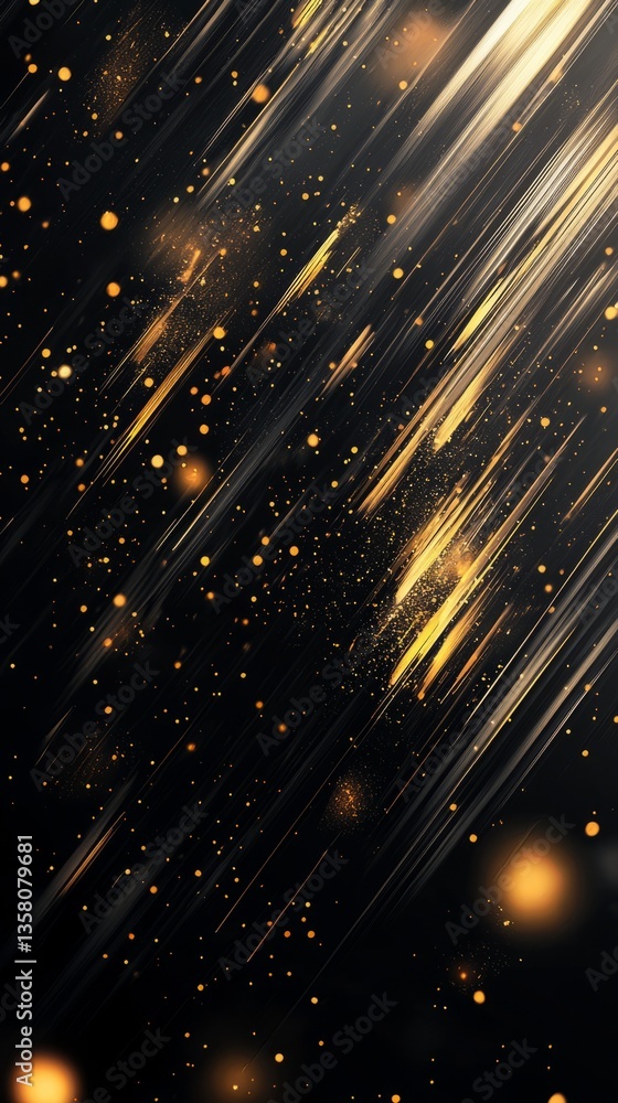 Poster bright golden abstract background with dynamic streaks and scattered particles