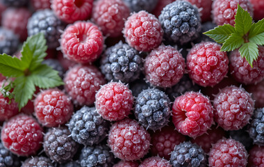 View from above on frozen raspberries. closeup of frozen berries. Mix of different frozen berries as background, banner design.