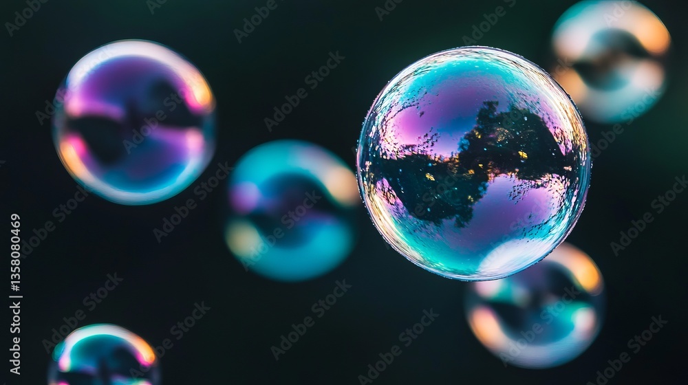 Poster colorful bubbles floating against an abstract dark background displaying a myriad of reflections and