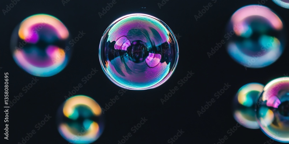 Poster colorful bubbles float in a mesmerizing abstract background with hints of light and shadow