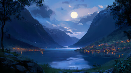 Stunning panoramic view of nordfjord, loen, norway - majestic fjord landscape. Night-Forged. Illustration