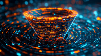 Large digital funnel in rainbow colors representing big data technology and information processing. Abstract concept of data collection, analysis, and transformation into insights