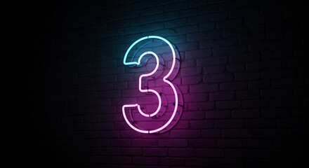 Glowing Neon Number "3" Sign on Dark Brick Wall

