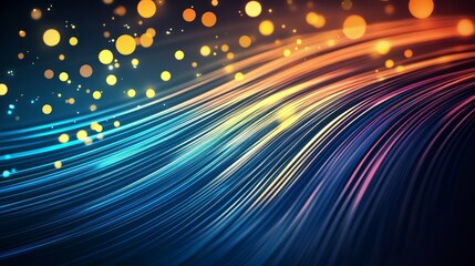 Vibrant abstract background with flowing lines and glowing circles in shades of blue, orange, and yellow