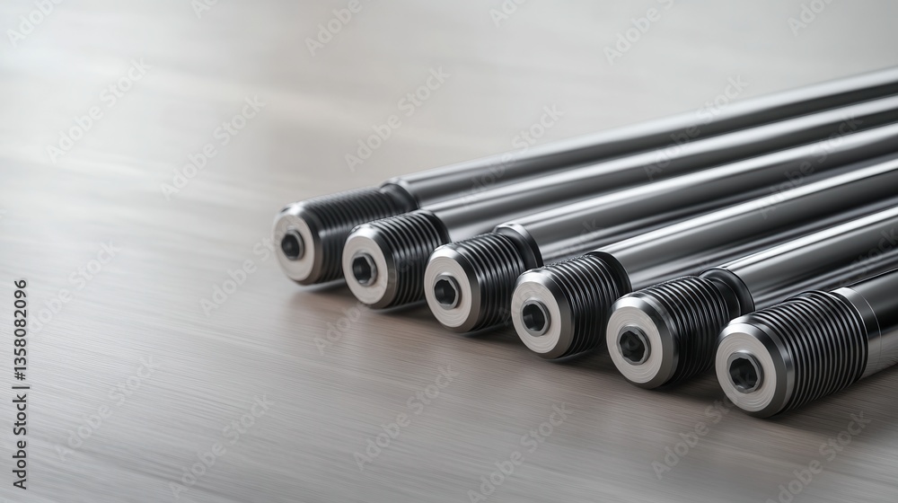 Poster close-up view of metal rods with precision threads on a smooth surface in industrial context