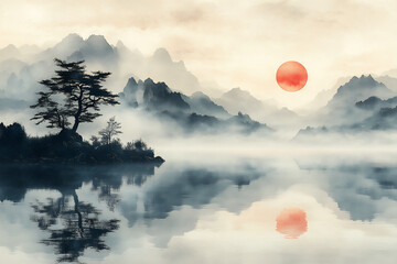 a chinese ink painting background with a silhouette of an old tree on the