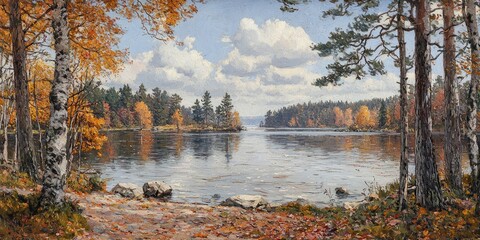 Serene autumnal lake scene, reflecting trees with golden leaves in calm water.  Rocks line the shore