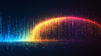 Large digital funnel in rainbow colors representing big data technology and information processing. Abstract concept of data collection, analysis, and transformation into insights