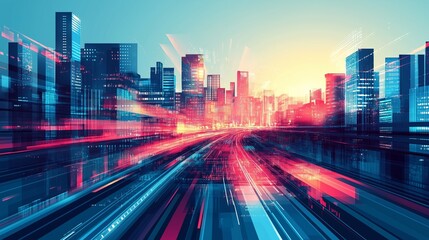 Fototapeta premium Illustration cityscape composed entirely of abstract geometric patterns, with distorted buildings and twisted roads symbolizing the conceptual interpretation of urban life.