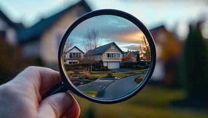 Hand Holding Magnifying Glass Focusing on Suburban Houses at Sunset