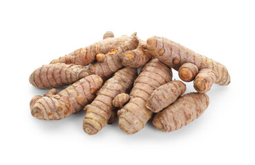 Pile of raw turmeric roots isolated on white