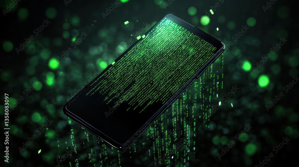 Aufkleber digital data stream: smartphone screen overflowing with green code
