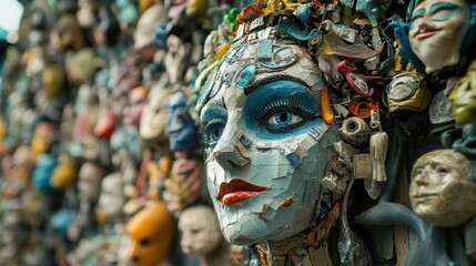 Recycled Materials Mosaic Face Art Creation