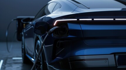 Futuristic blue electric car charging battery