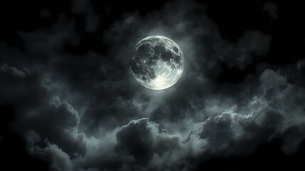 A haunting full moon bathes the night sky in silvery light, veiled by wispy clouds, creating an enchanting aura of mystery and eerie allure. Veiled Darkness. Illustration