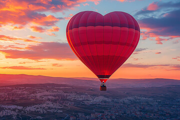 Obraz premium A heart-shaped hot air balloon floats gently at dawn above a textured landscape under a colorful glowing sky.