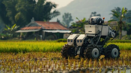 Fototapeta premium Innovation technology farming tractor robot is working in a rice field. AI generated