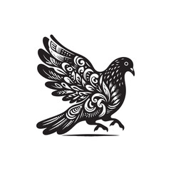 Black Color Pigeon Silhouette Vector Illustration, Solid White Background